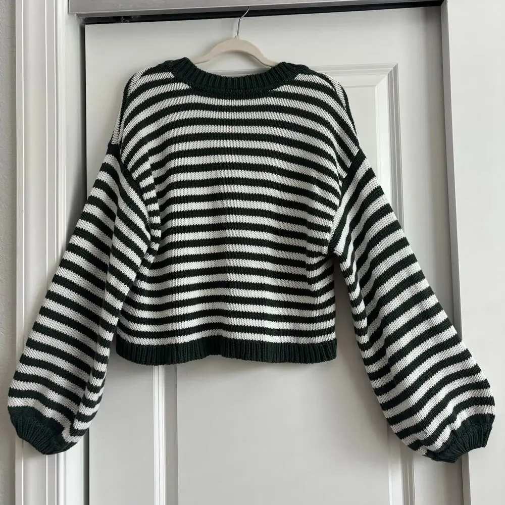 Show‎ Me Your Mumu Good Karma Cardigan Forest Green Striped Balloon Sleeves Sz L